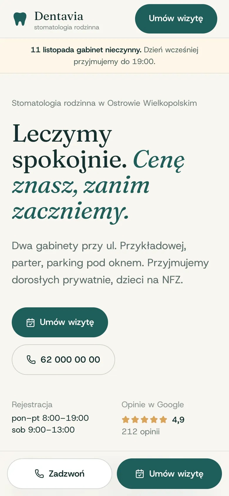 Ta sama strona na telefonie, z paskiem „Zadzwoń” i „Umów wizytę”