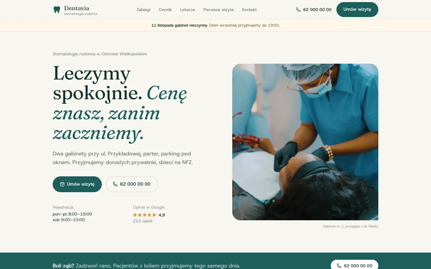 Przykładowa strona gabinetu stomatologicznego Dentavia na komputerze