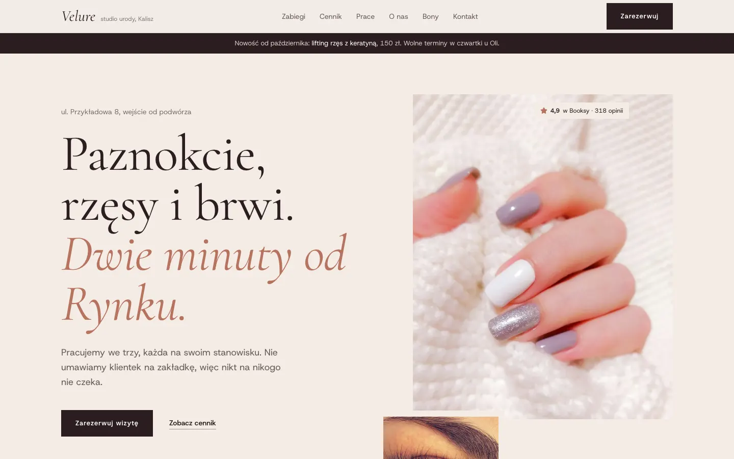 Przykładowa strona salonu kosmetycznego Velure na komputerze
